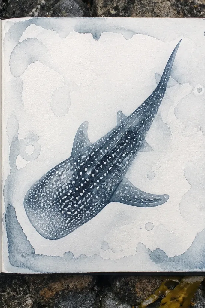 Ink wash whale shark with watery gray tones and lighter spot areas
