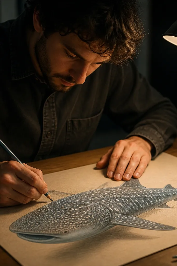 Colored pencil whale shark with layered gray-blue skin and layered spot shapes