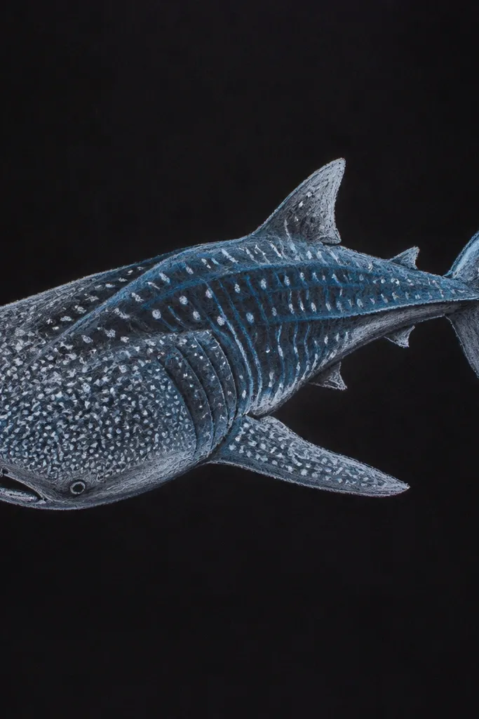 Chalk pastel whale shark on black paper with bright light spots and soft edges