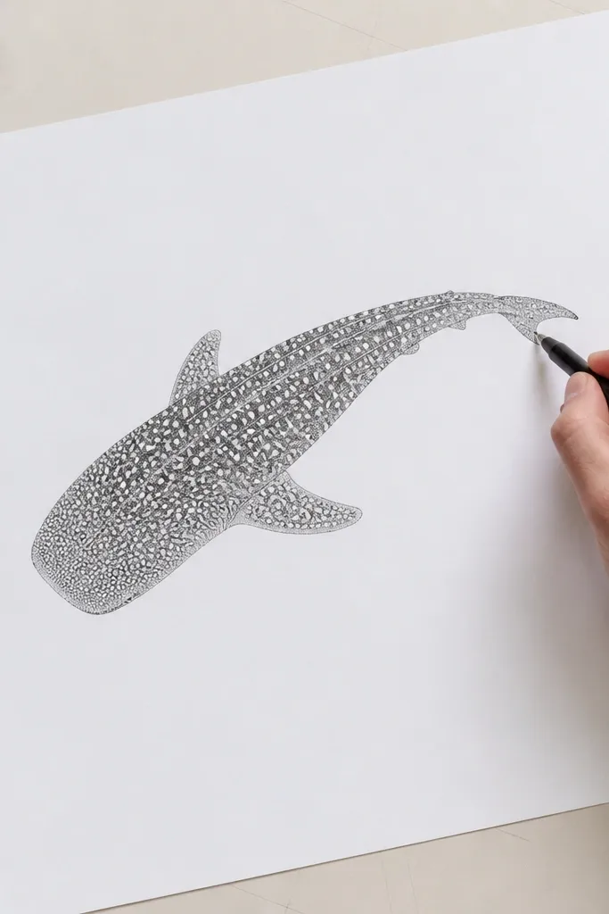 Minimal line whale shark with only spot shapes and no full shading