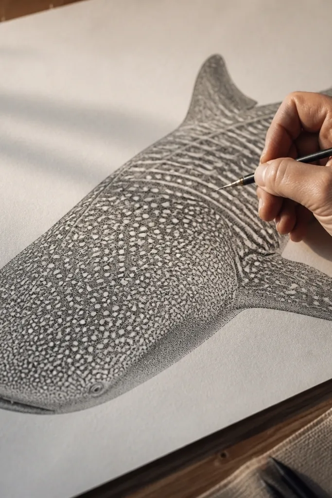 Dotwork whale shark with dense dots creating skin texture and spot pattern