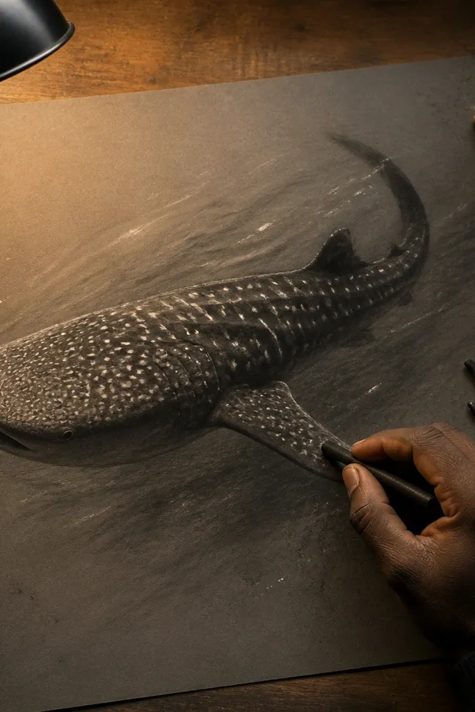Charcoal whale shark with dark skin and soft, smudged spot shapes