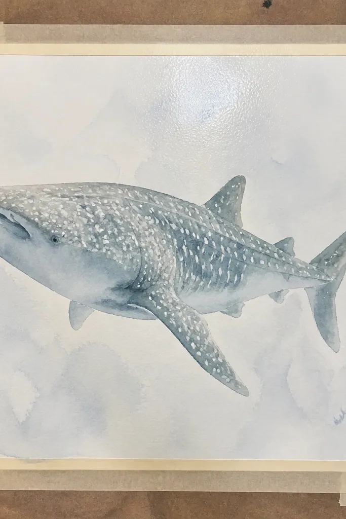 Watercolor whale shark with soft wash and irregular light spot edges
