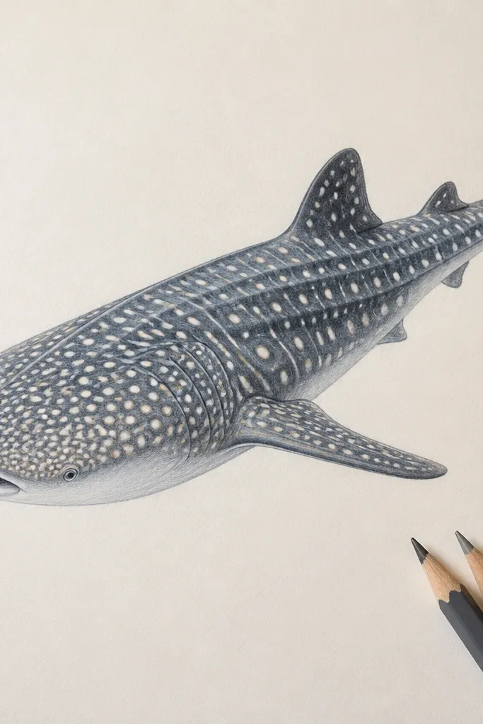 Pastel pencil whale shark with smooth belly highlight and neat spot outlines