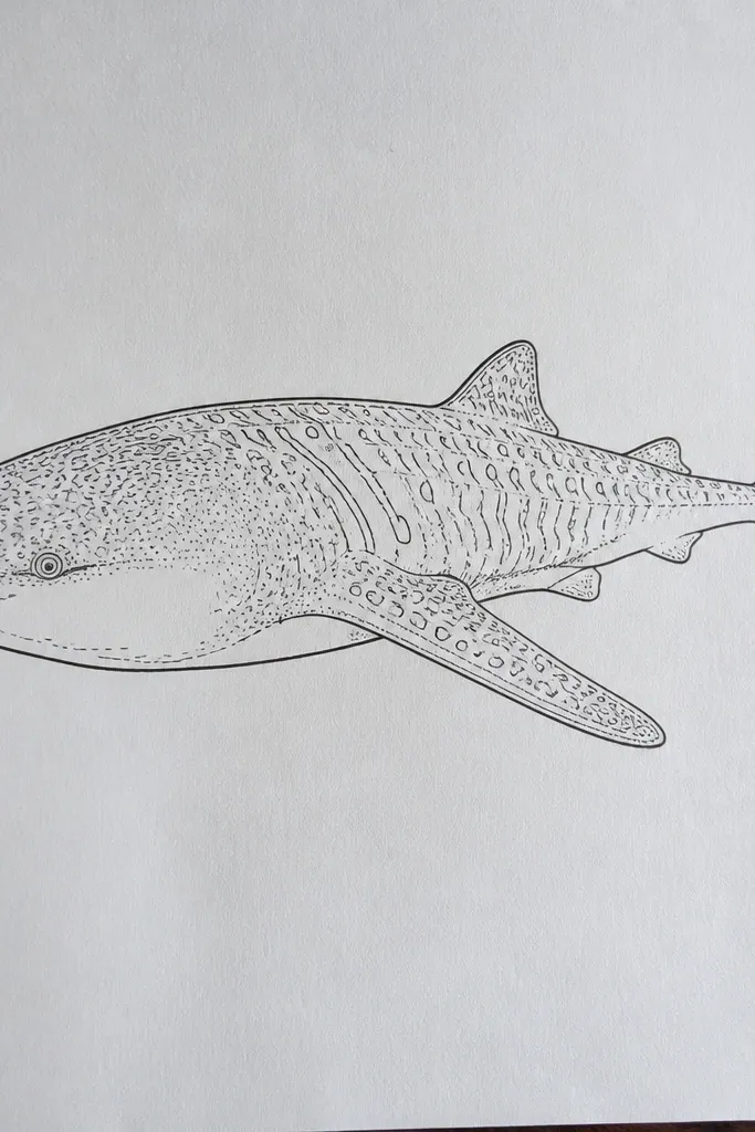 Ink outline whale shark with spot shapes left mostly unfilled