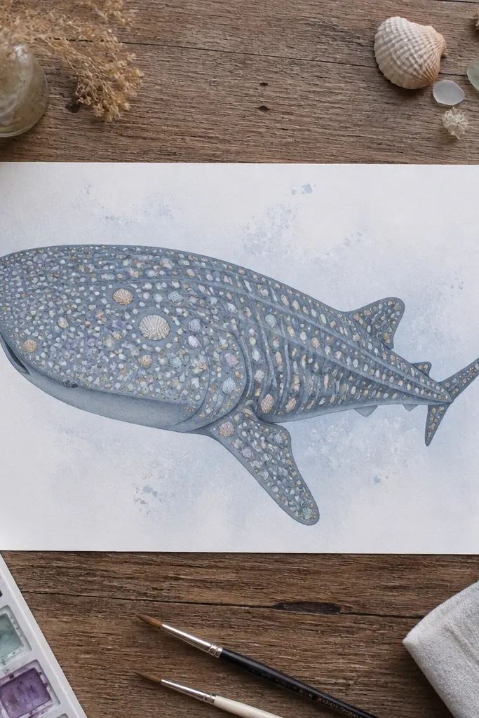 Whale shark drawing with pale color accents on spots and soft skin gradients