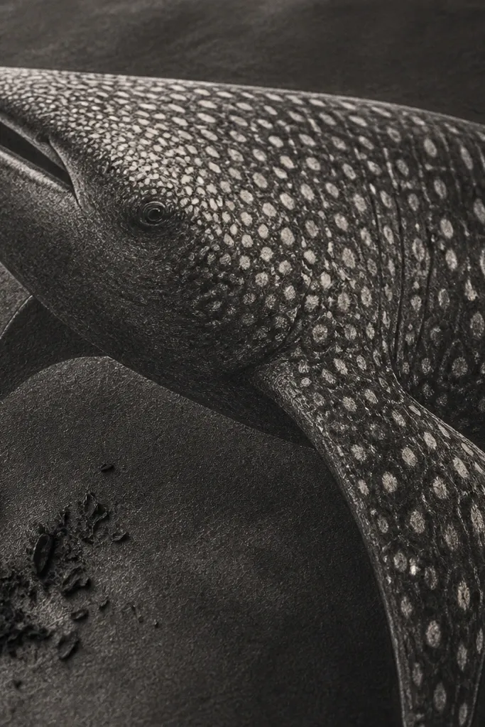 Bold charcoal whale shark with strong light spots created by erasing