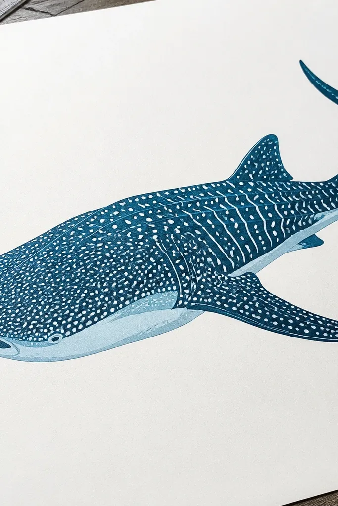 Colored ink whale shark with neat spot shapes and controlled shading