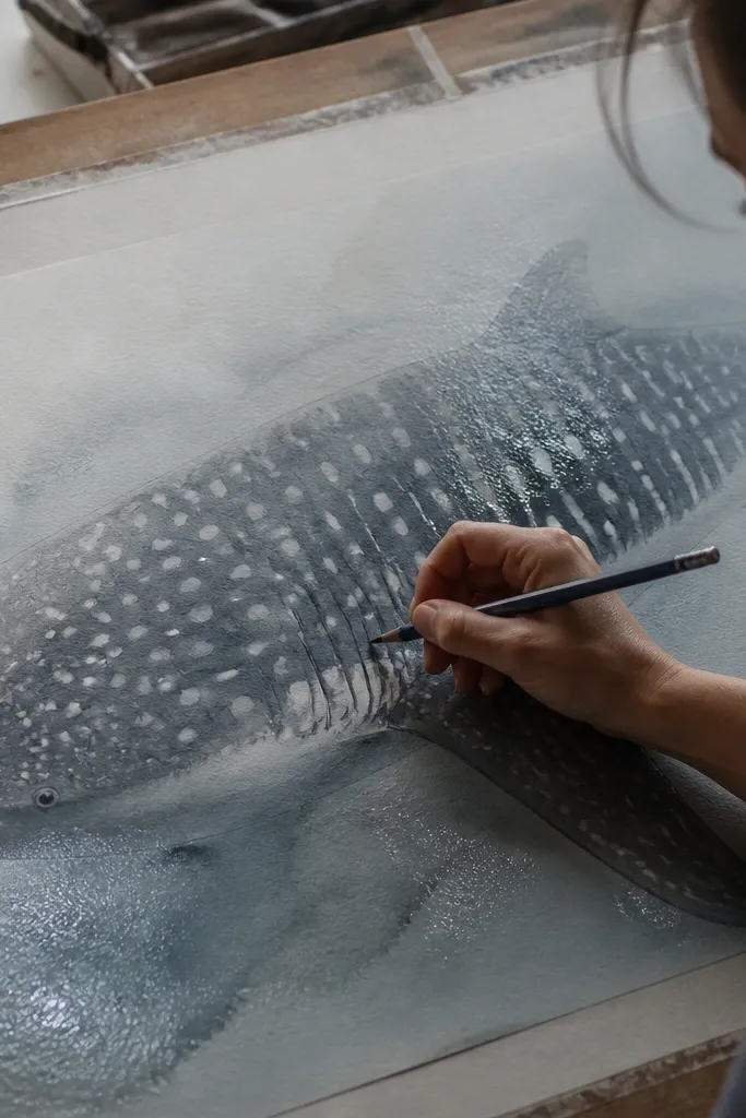 Pencil whale shark where spots glow softly after water blending