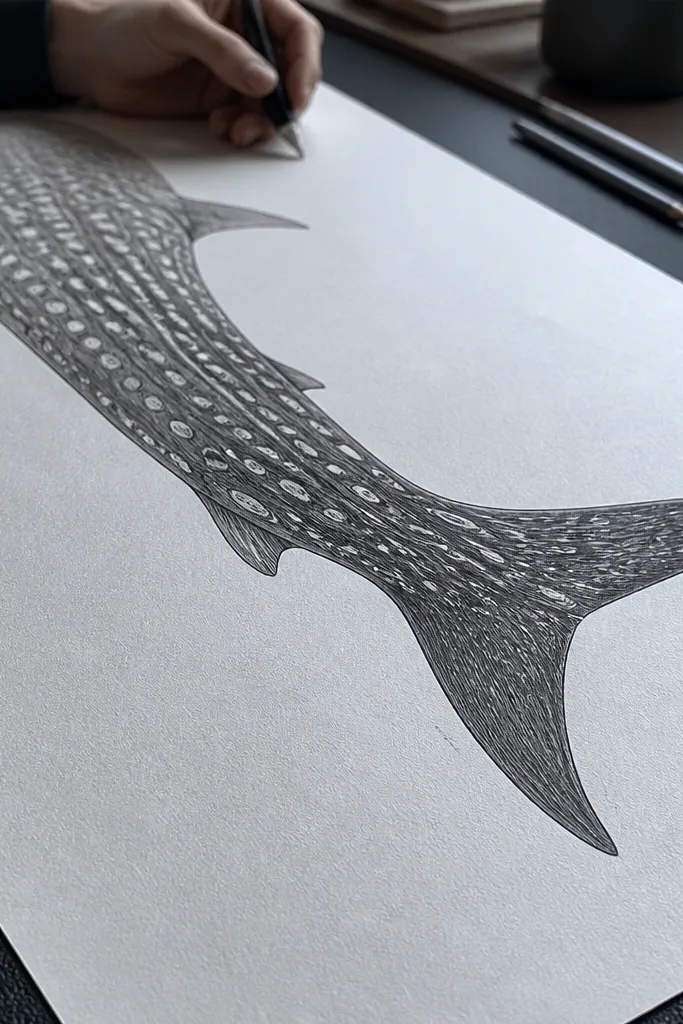 Tail-focused whale shark drawing with spot pattern flowing toward the fin