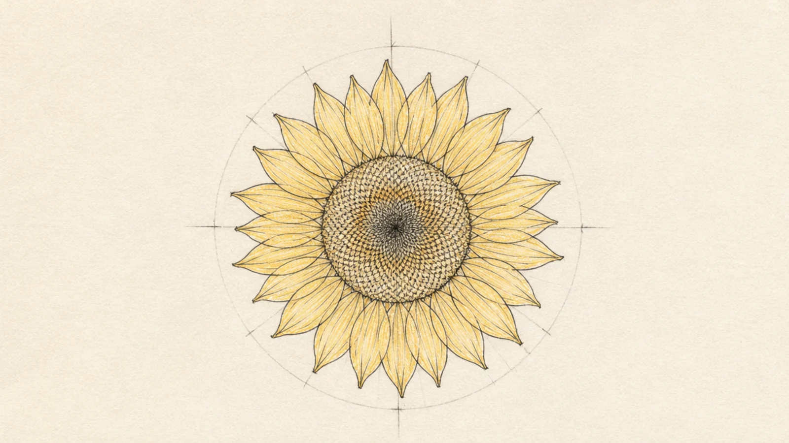 A sunflower sketch showing the center circle drawn before the petals