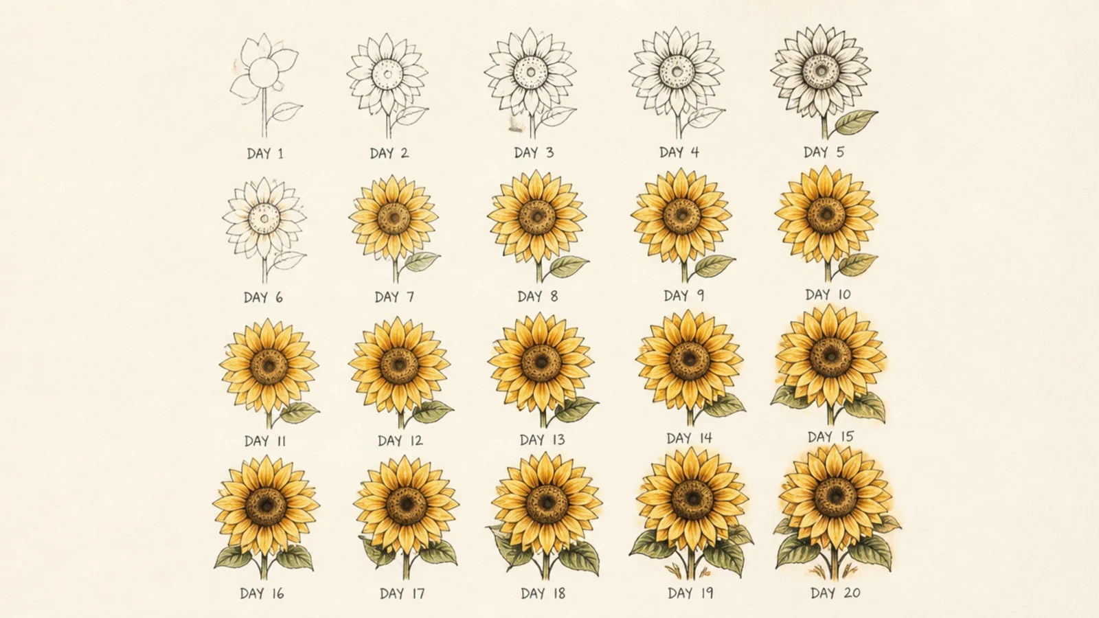 A grid of many daily sunflower sketches showing progress