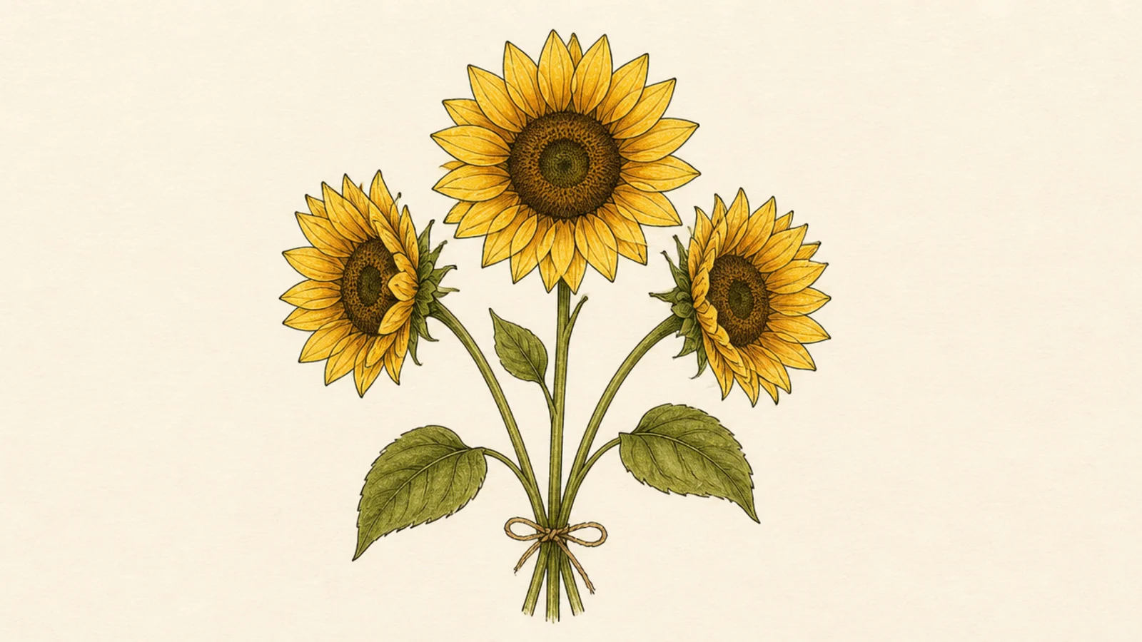 Three sunflowers with stems crossing into a simple hand-tied bunch