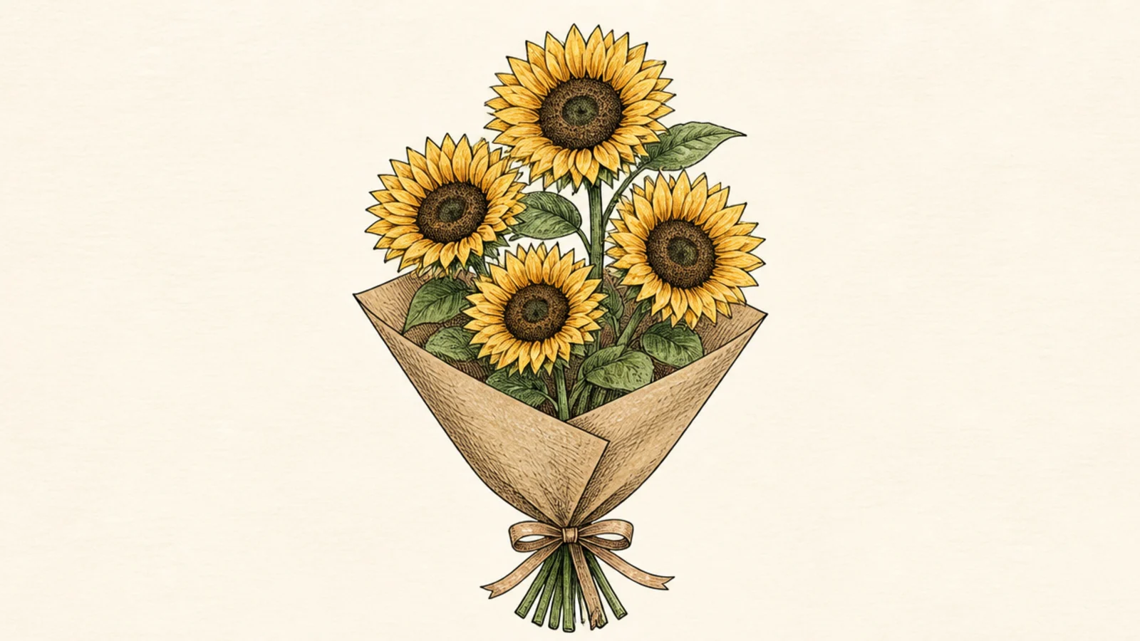 A sunflower bouquet wrapped in a cone of kraft paper