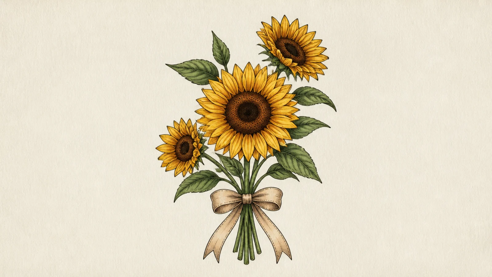 A sunflower bouquet tied with a bow of ribbon at the stems