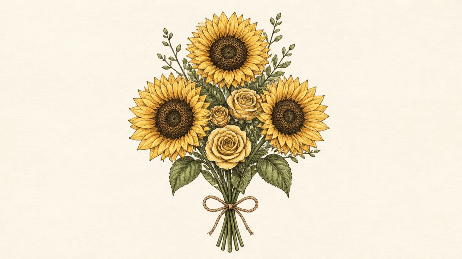 A mixed bouquet of sunflowers and spiral roses