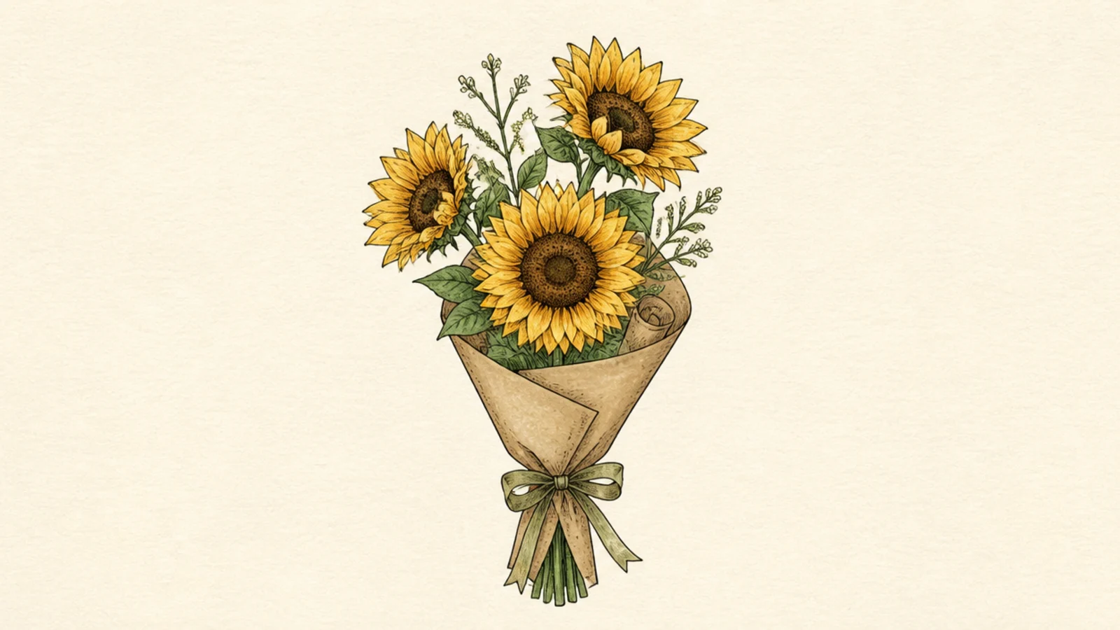 Sunflowers arranged inside a rolled kraft paper cone