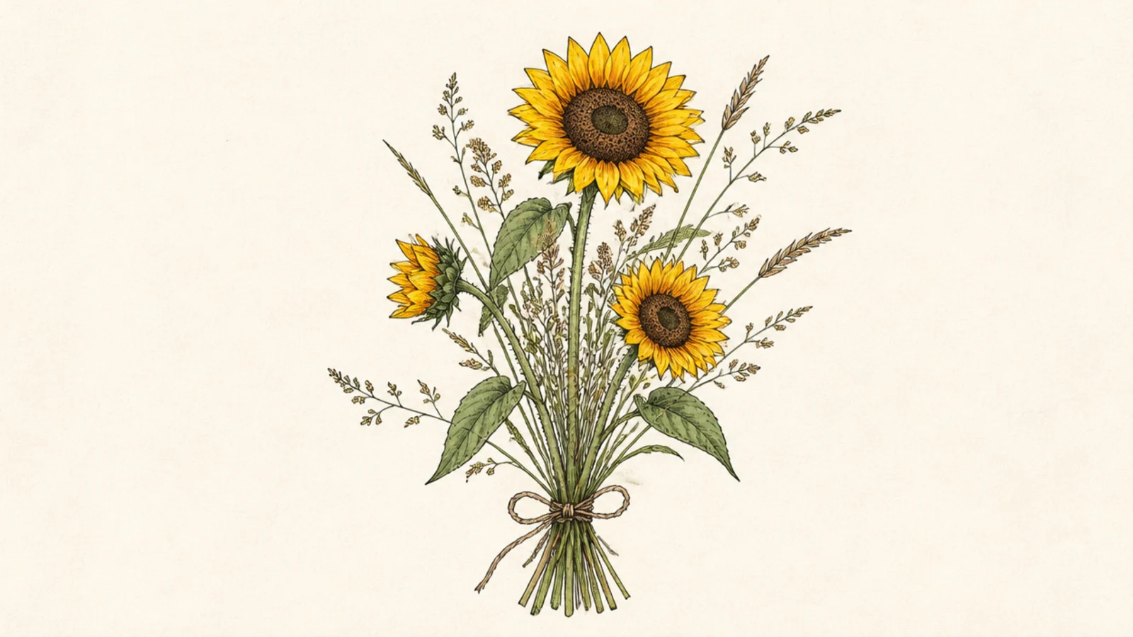 A loose wildflower-style bunch of sunflowers and grasses