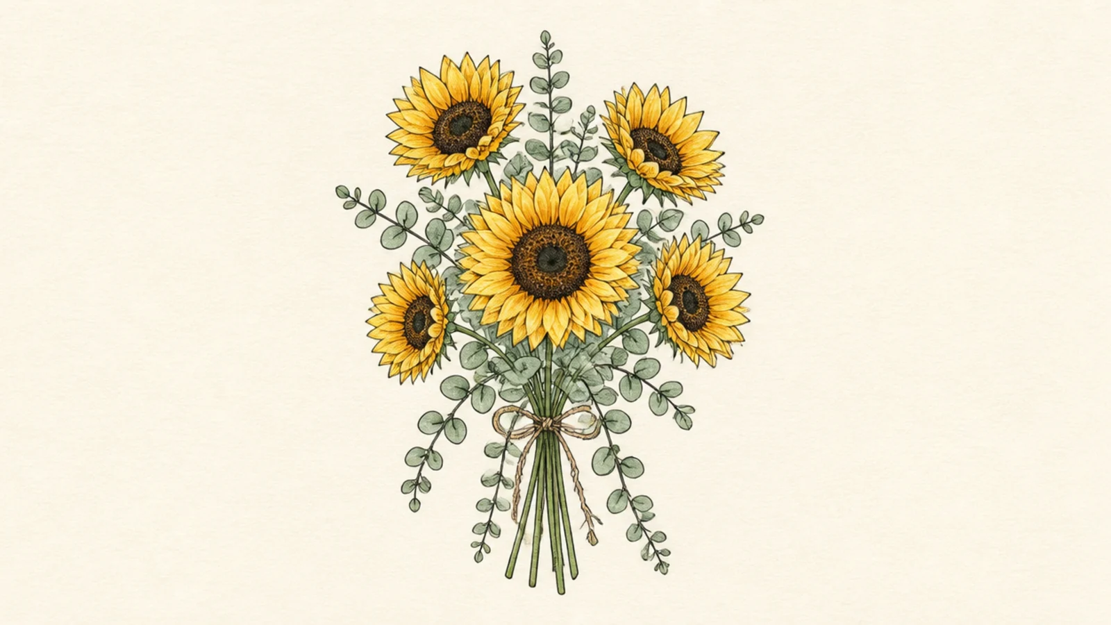 A sunflower bouquet with trailing eucalyptus sprigs
