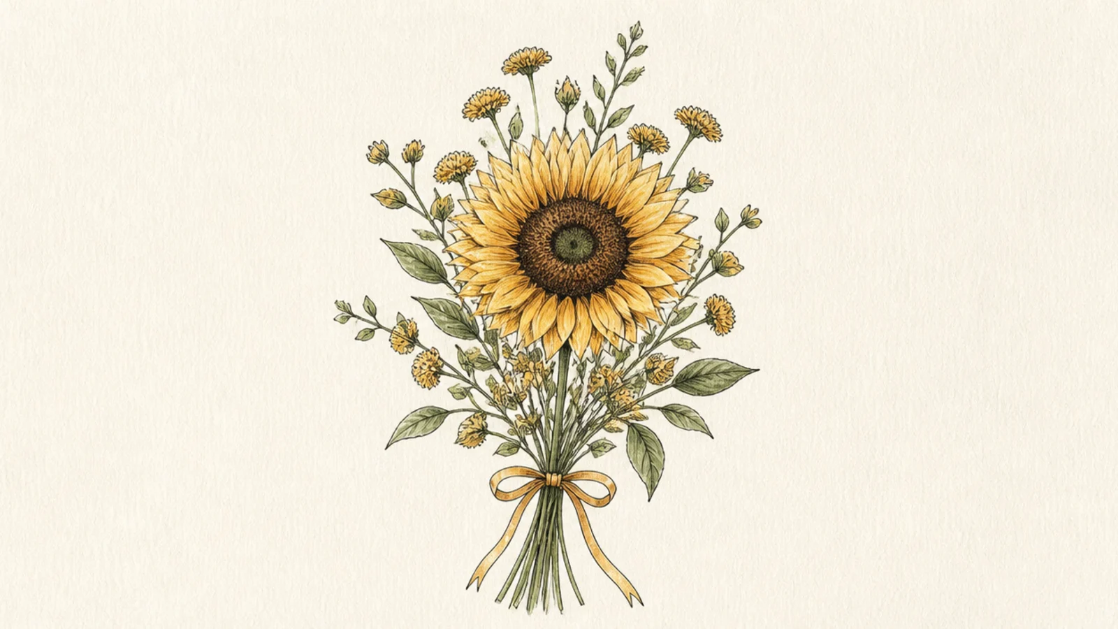 One large sunflower surrounded by smaller filler flowers