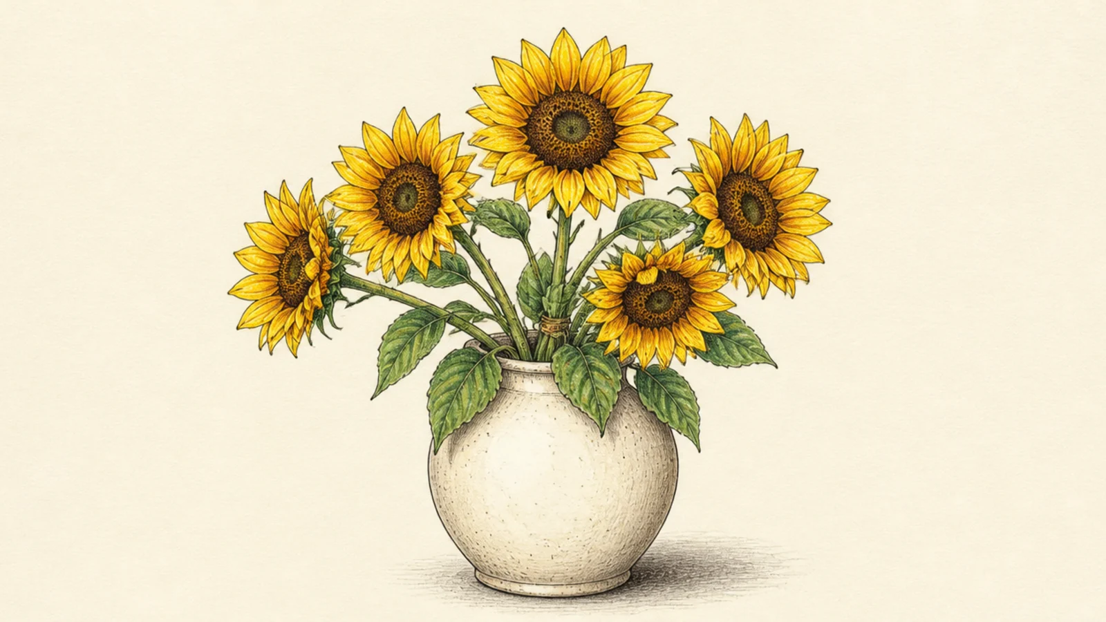 A sunflower bouquet arranged in a rounded ceramic vase