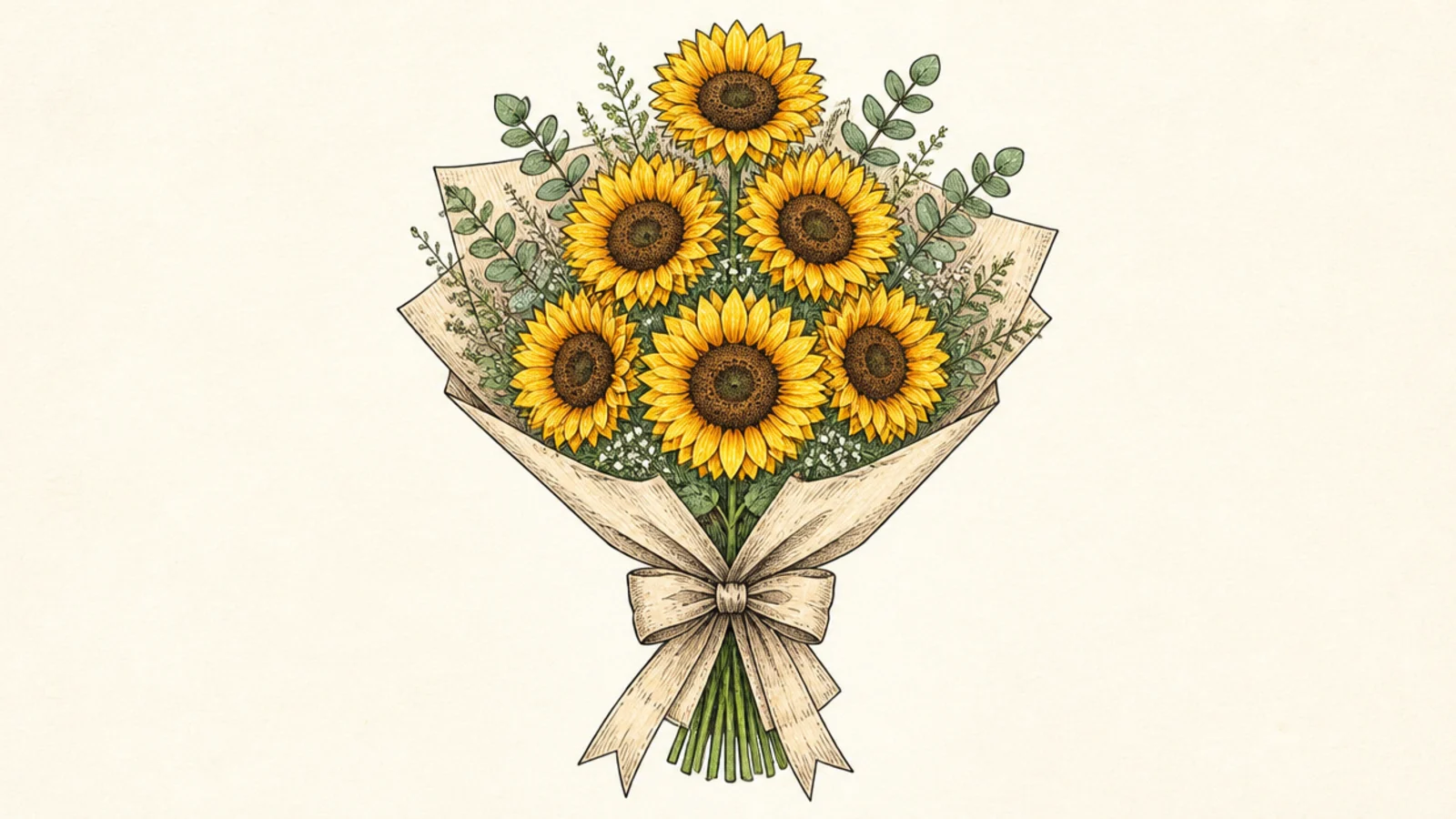 A lush wrapped gift bouquet of sunflowers with paper, ribbon and fillers