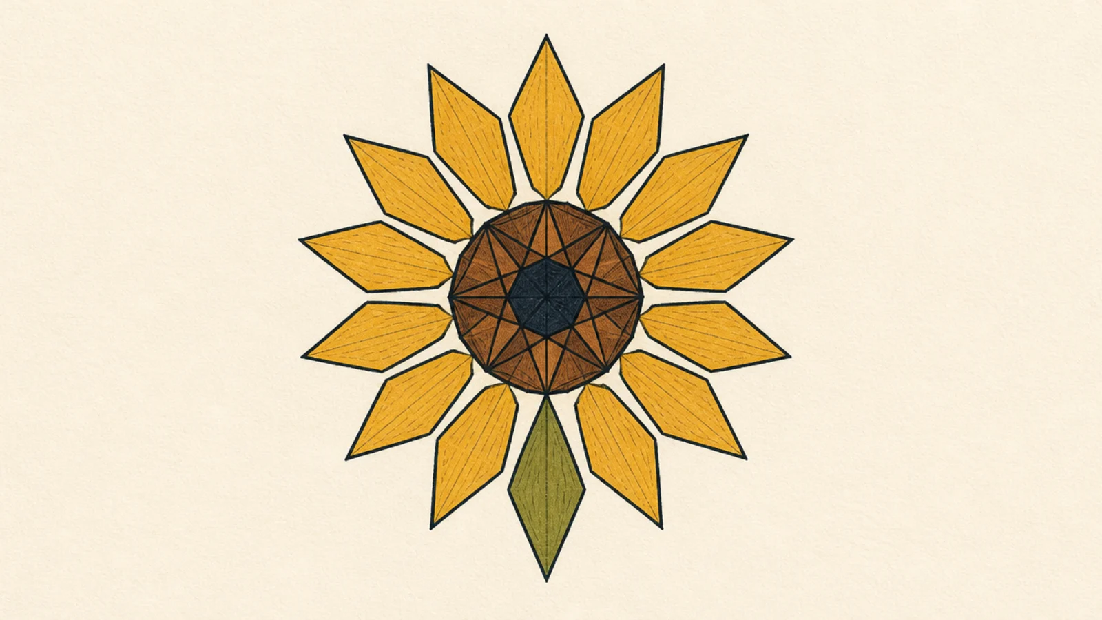 A sunflower drawn from angular geometric facets and straight-edged petals