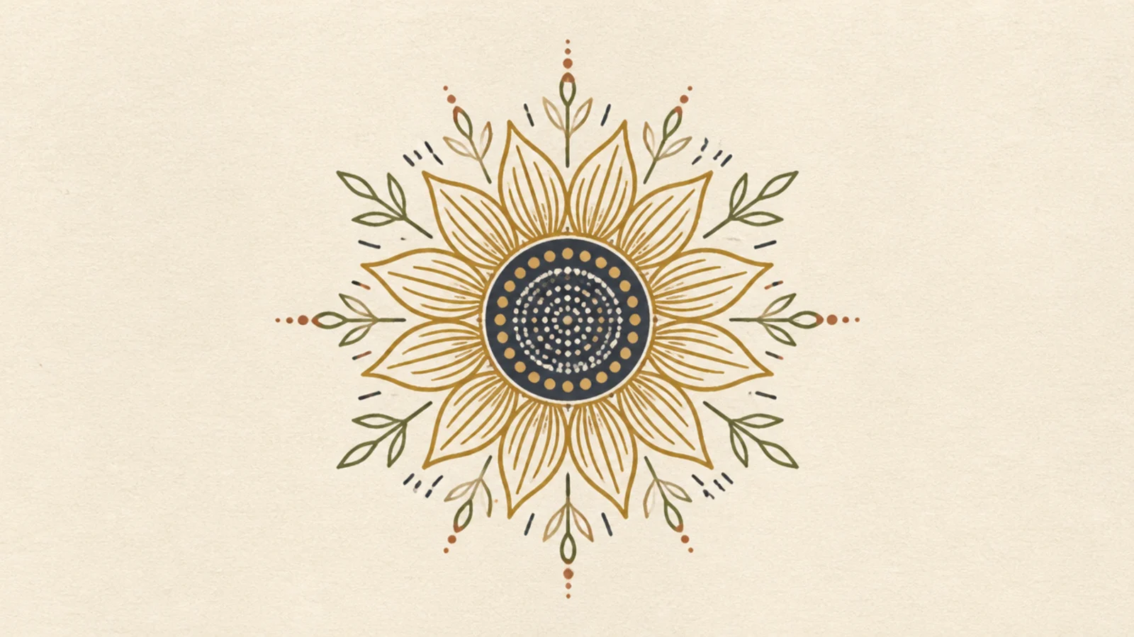 A boho-style sunflower in thin lines with earthy accents