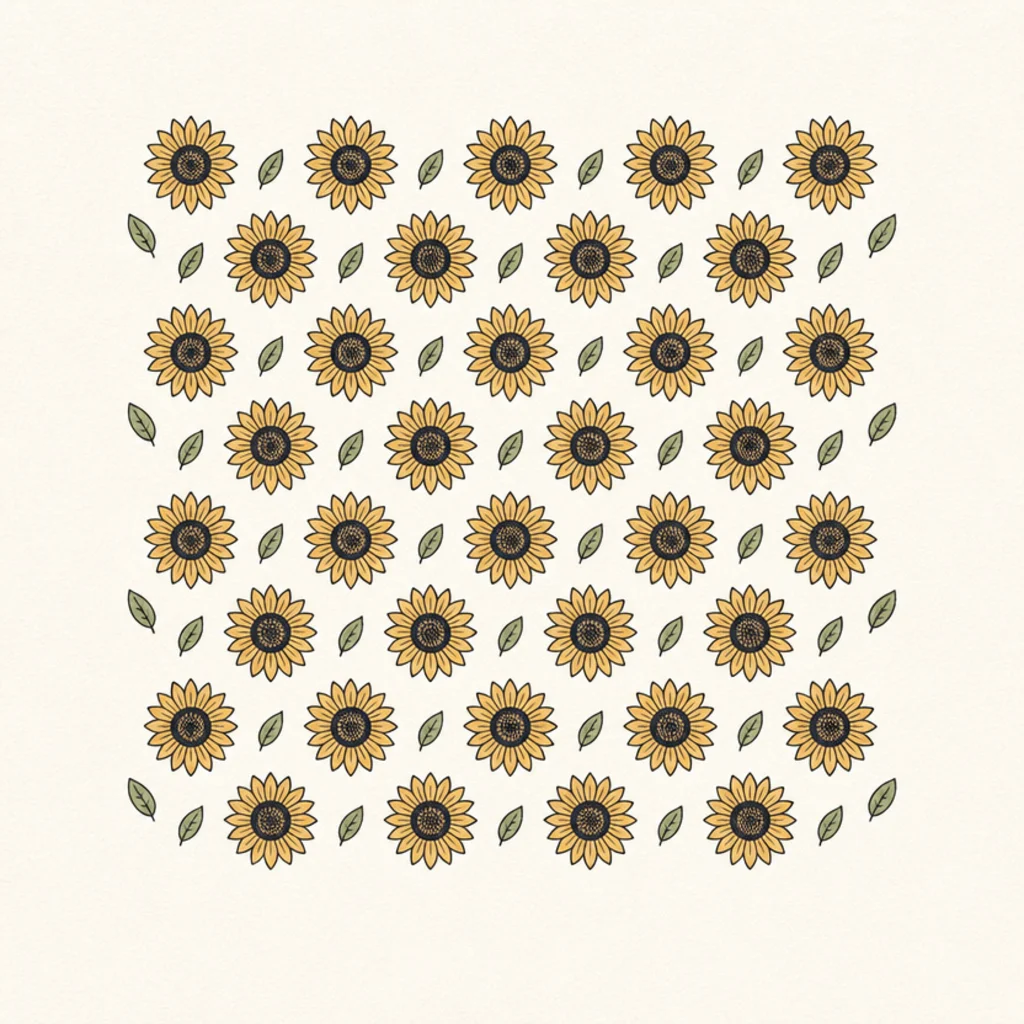 A repeating tile of small sunflowers spaced on an even grid