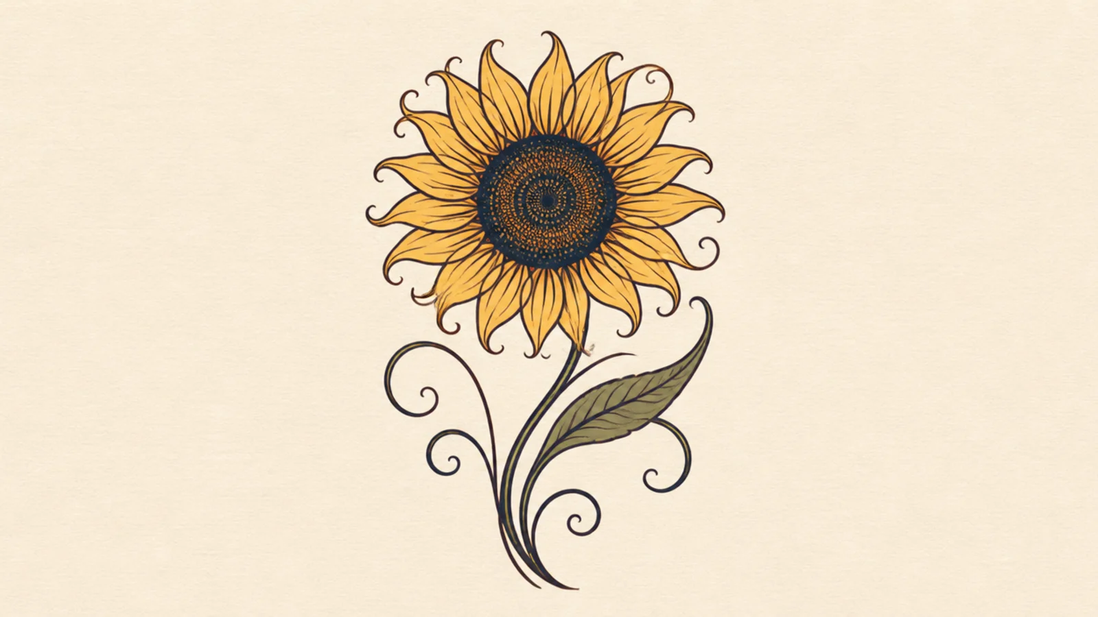 A flowing Art Nouveau sunflower with curved whiplash lines