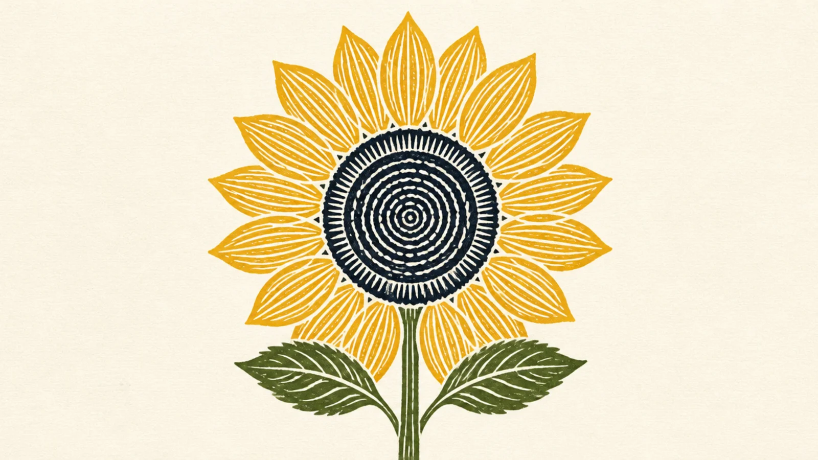 A bold woodcut-style sunflower with carved textured lines