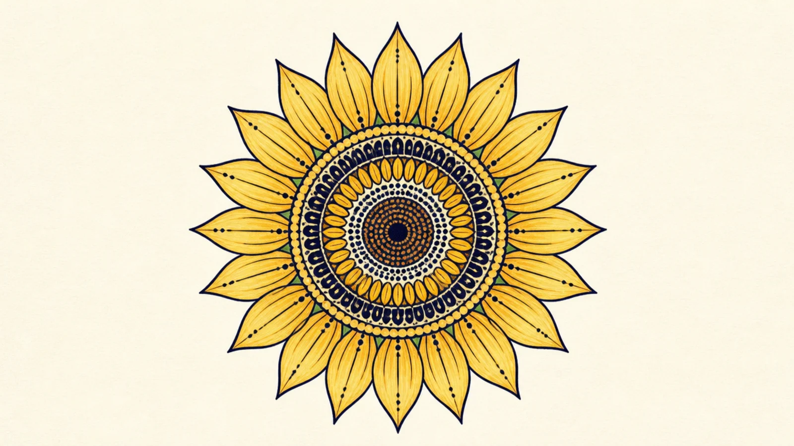 A symmetrical mandala-style sunflower with layered radiating rings