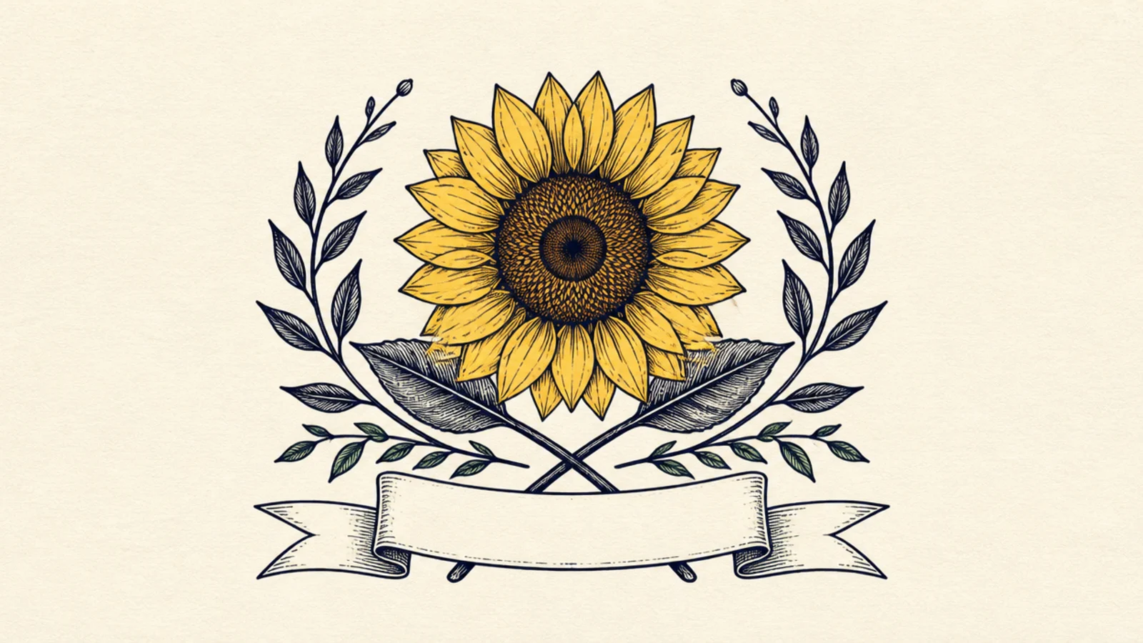 A sunflower crest with a blank ribbon banner for text