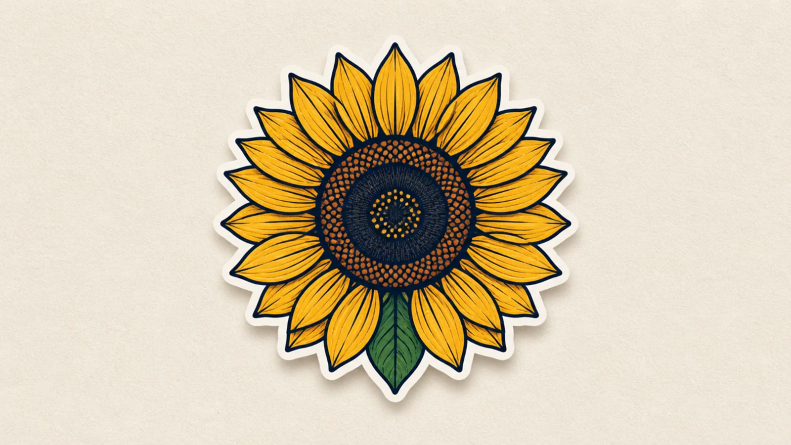 A bold sunflower with a thick white sticker border and shadow
