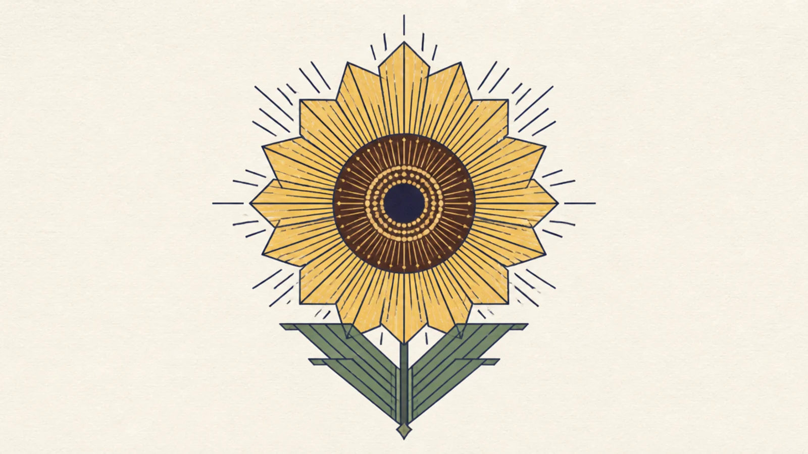 A symmetrical Art Deco sunflower with fan shapes and gold lines