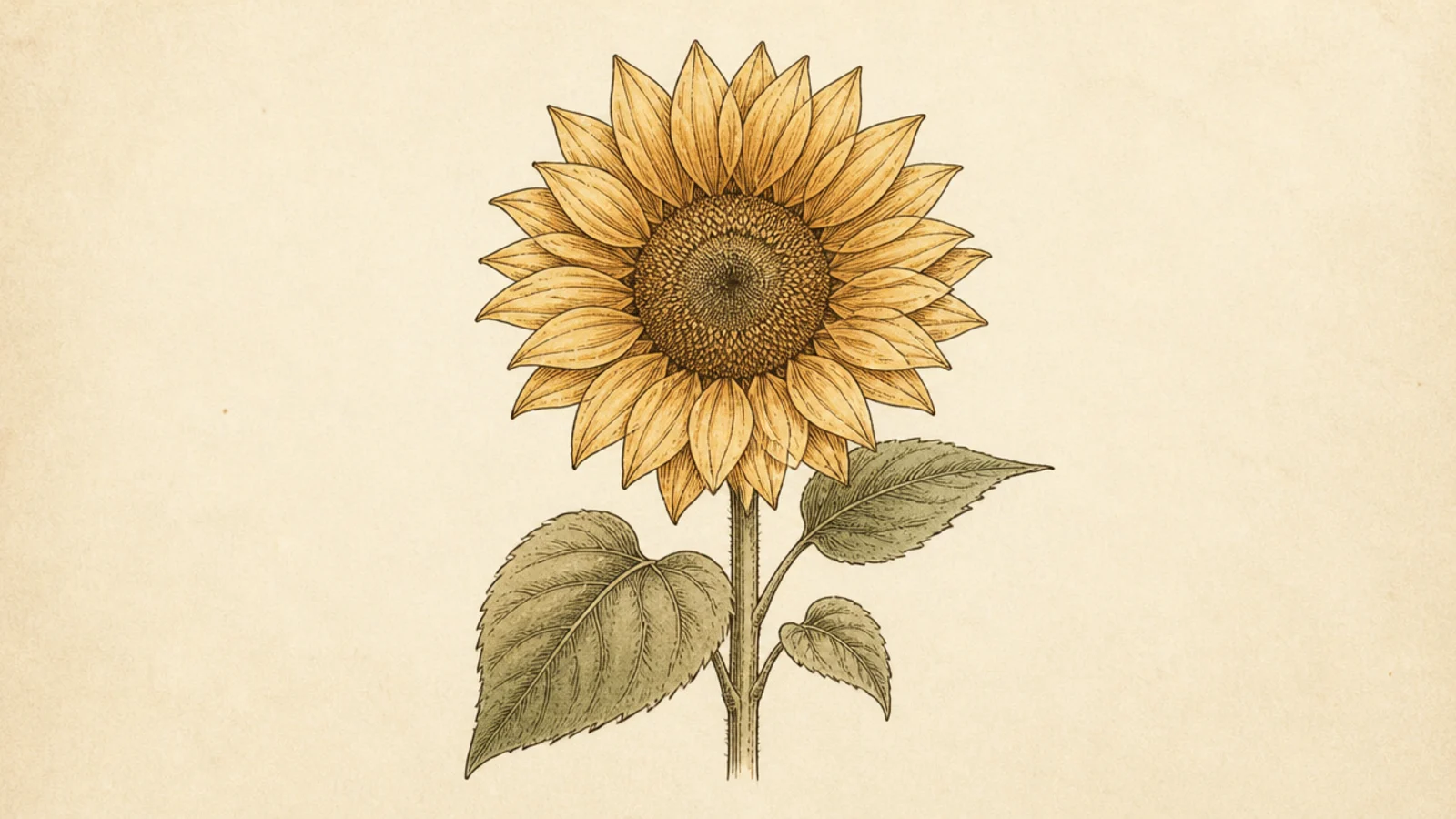 A sunflower drawn like a vintage botanical illustration in sepia