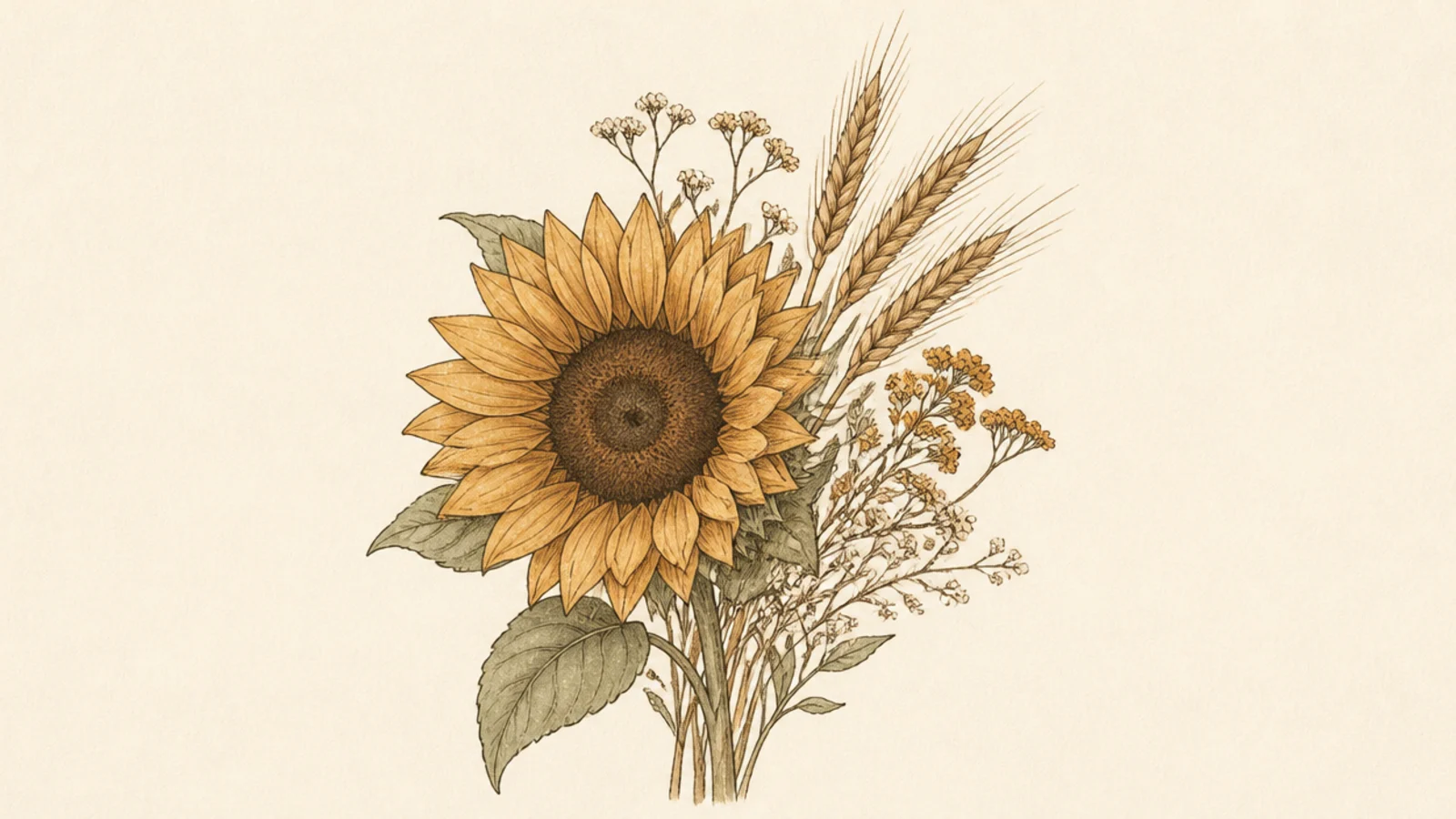 A soft sunflower paired with wheat and tiny wildflowers