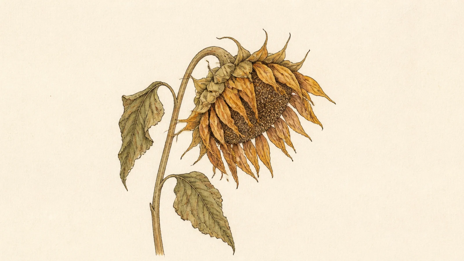 A drooping dried sunflower with curling petals