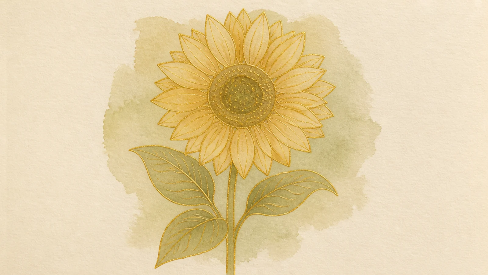 A sunflower outlined in metallic gold on a muted background
