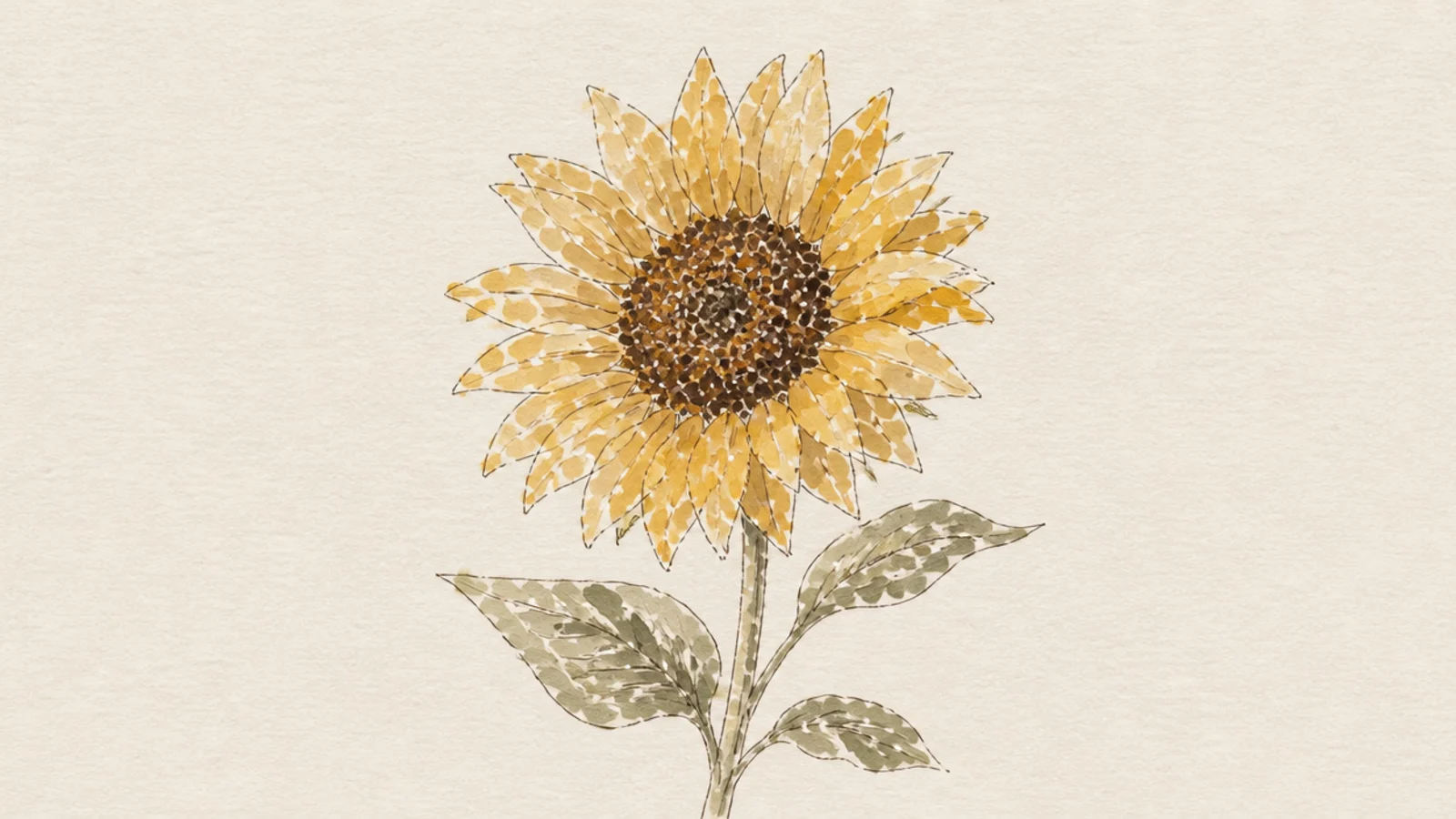 A sunflower built from small soft impressionist color dabs