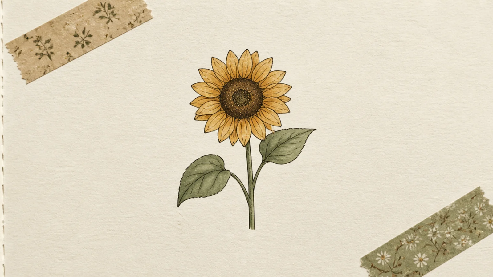 A sunflower framed by strips of muted washi tape