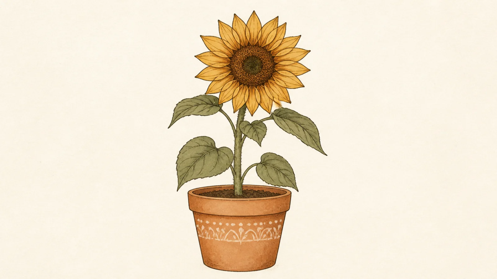 A sunflower in a warm terracotta pot with earthy tones