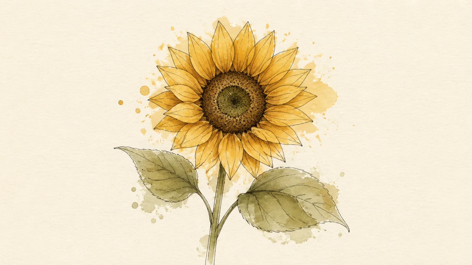A sunflower drawn with fine ink lines and a loose soft wash
