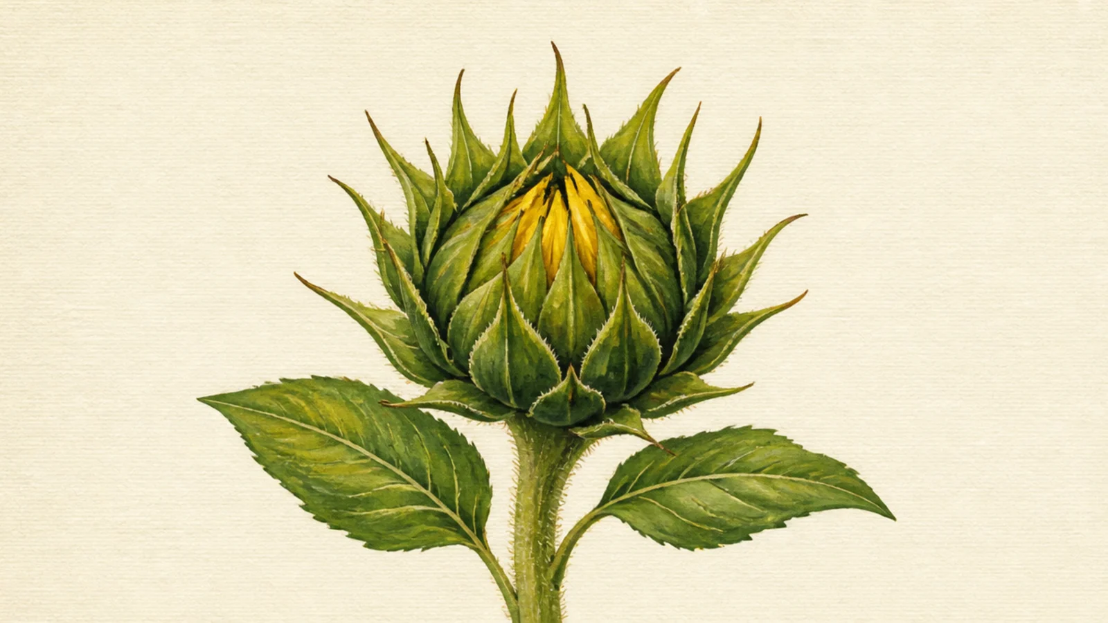 A painted closed sunflower bud with green sepals