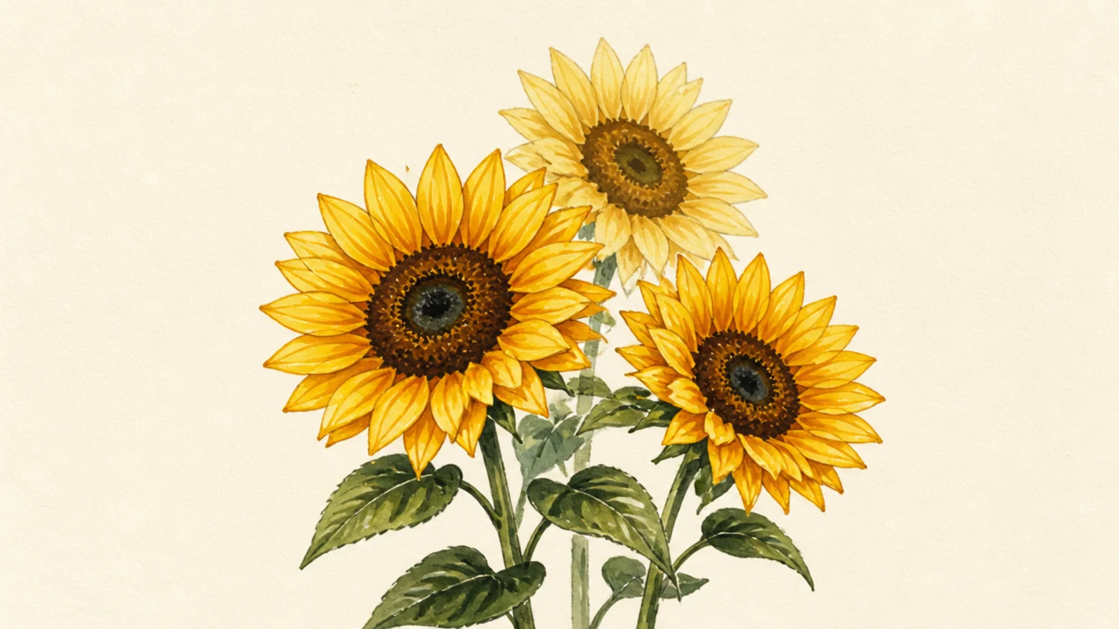 Three painted sunflowers at staggered heights