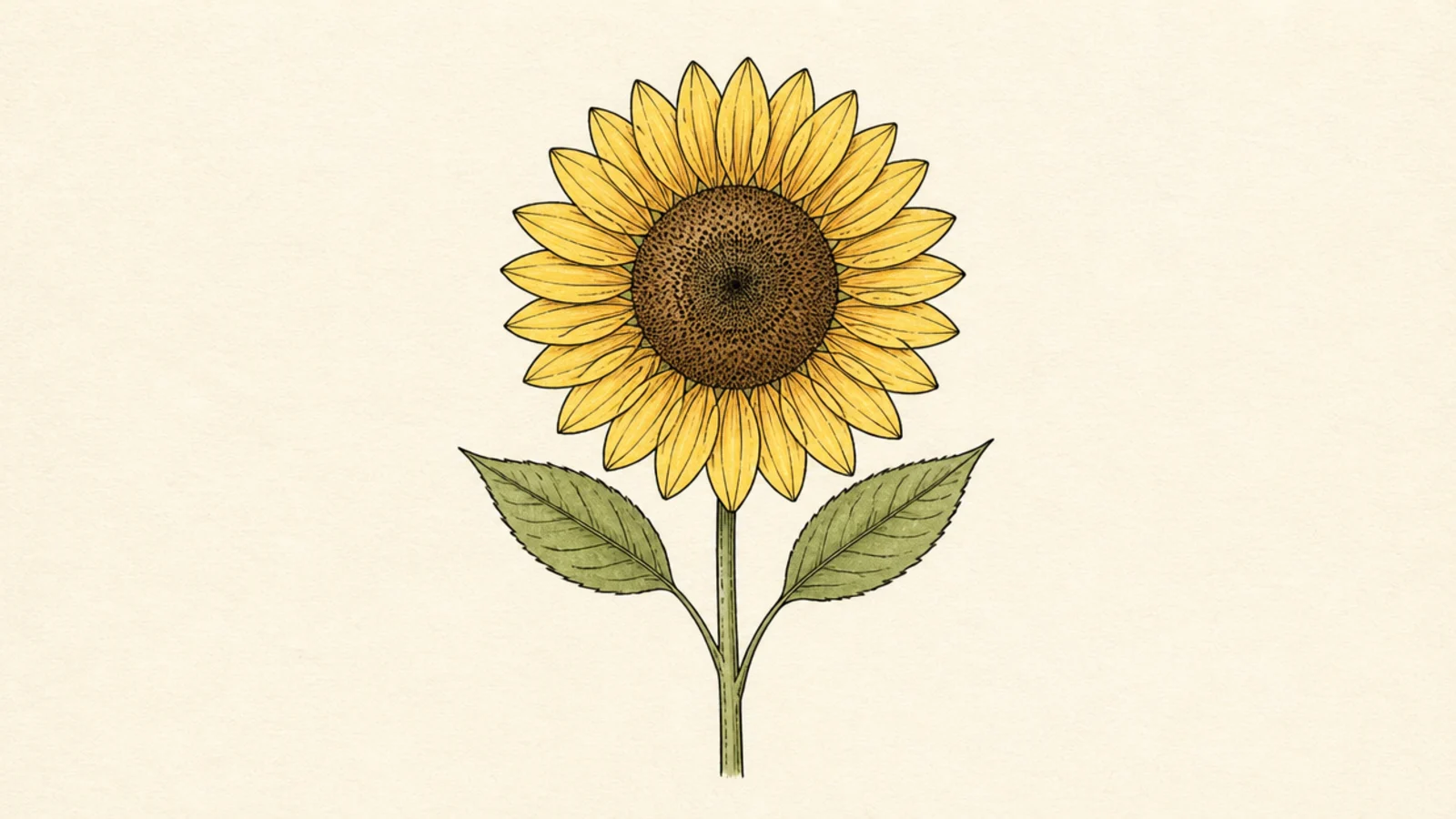 A simple sunflower with a straight stem and two leaves