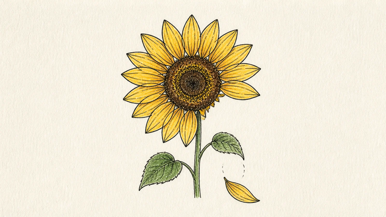 A simple sunflower with one petal drifting away below it