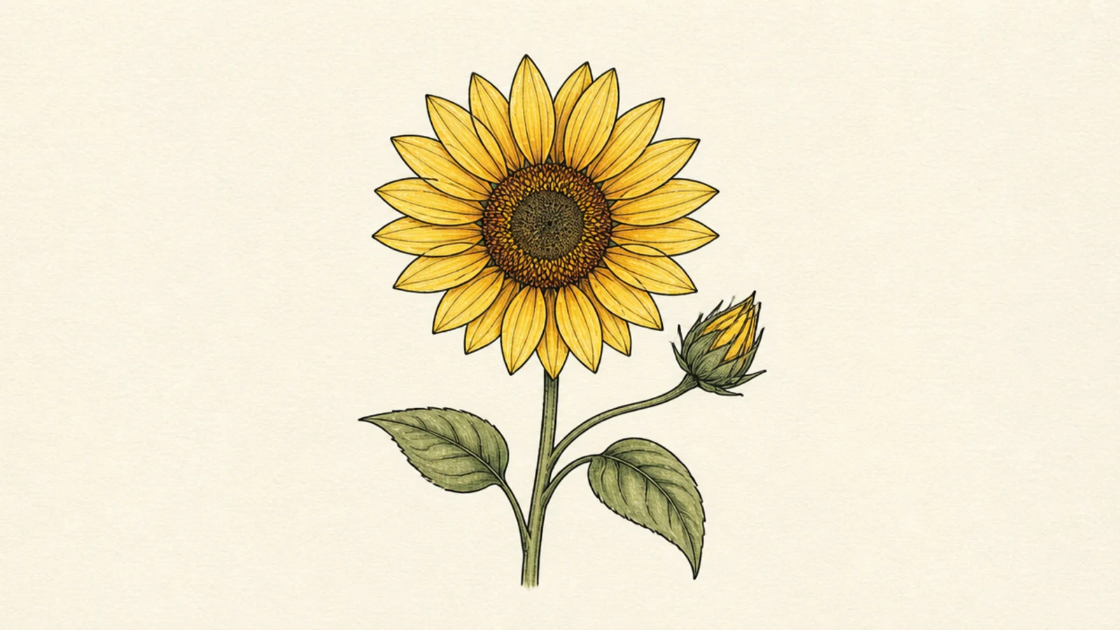 A simple sunflower with a small closed bud on the same stem