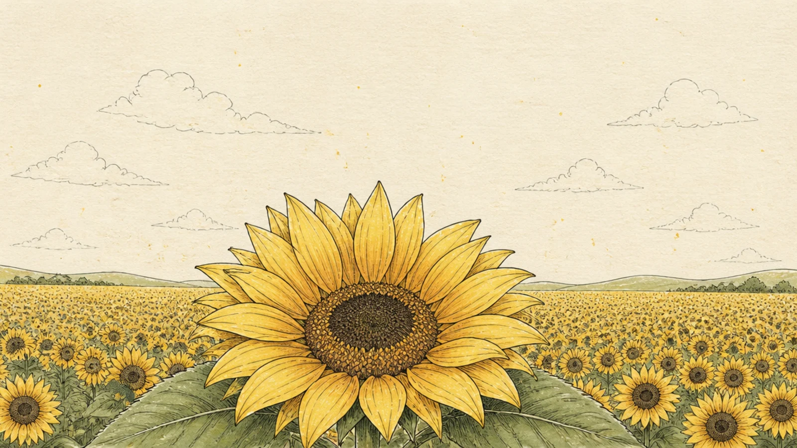 One large foreground sunflower with a blurred field behind it