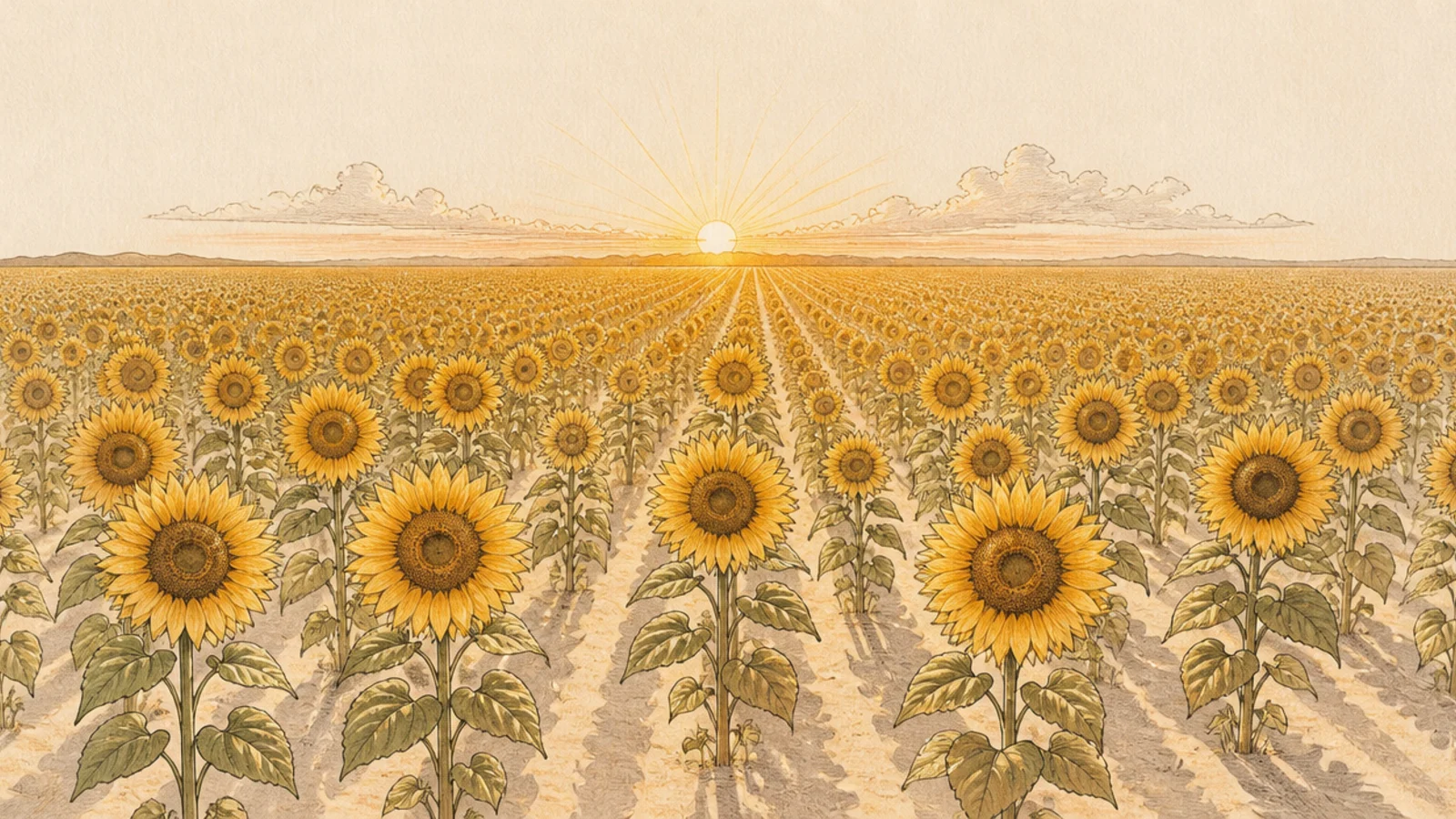 Rows of sunflowers facing a rising sun on the horizon